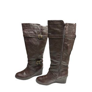 Lane Bryant Chocolate Brown Wide Calf Wedge Knee Boots With Buckles Size 12W‎